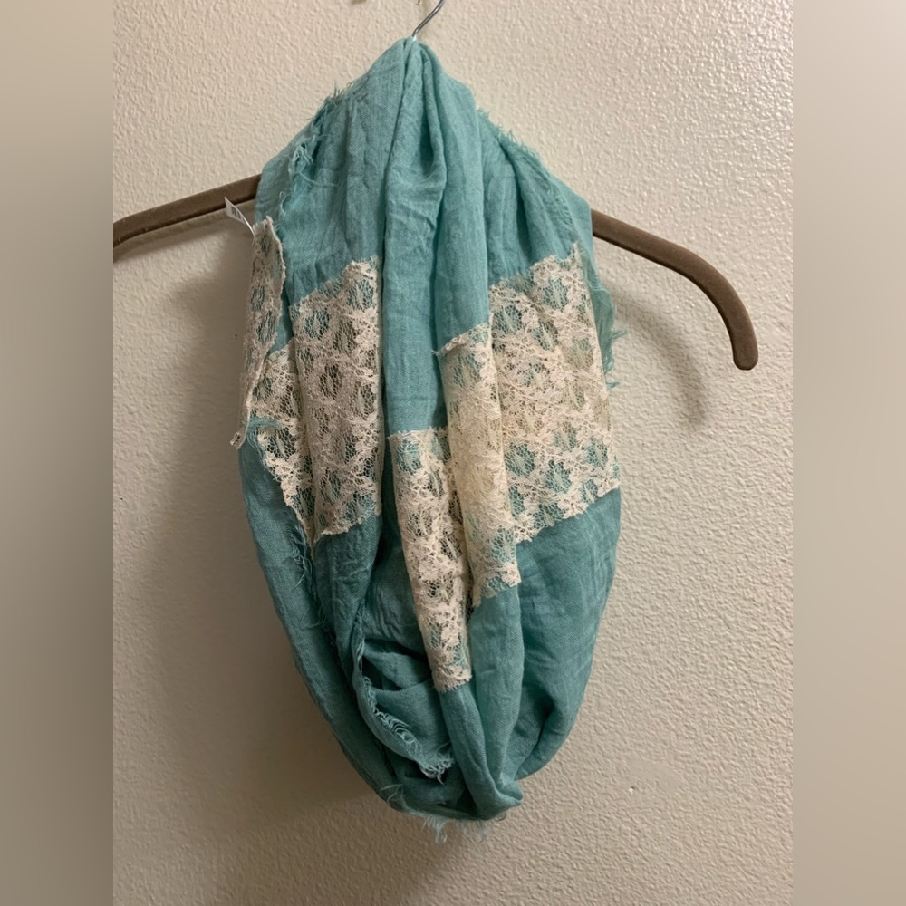 Hinge Blue and Cream Lace Infinity Scarf Cottagecore Easter Spring FLAW